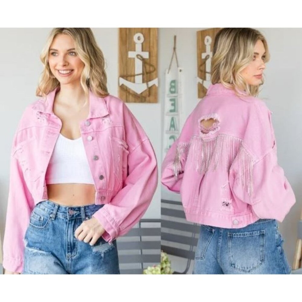 Veveret Cowboy Carter Prairie Coachella Crop Distressed Fringe Jacket Pink Small - Picture 13 of 13
